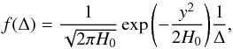 Mathematical equation: \begin{equation} \label{lnpdf} f(\Delta) = \frac{1}{\sqrt{2\pi H_0}}\exp{\left(-\frac{y^2}{2H_0}\right)}\frac{1}{\Delta} , \end{equation}