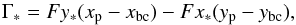 Mathematical equation: \begin{equation} \Gamma_*=Fy_*(x_\mathrm{p}-x_\mathrm{bc})-Fx_*(y_\mathrm{p}-y_\mathrm{bc}), \label{eq:stellar_torque1} \end{equation}
