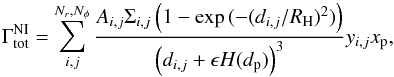 Mathematical equation: \begin{equation} \Gamma^\mathrm{NI}_\mathrm{tot}=\sum_{i,j}^{N_r,N_\phi}\frac{A_{i,j}\Sigma_{i,j}\left(1-\exp{(-(d_{i,j}/R_\mathrm{H})^2)} \right)}{\left(d_{i,j}+\epsilon H(d_\mathrm{p})\right)^3}y_{i,j}x_\mathrm{p}, \end{equation}