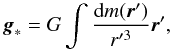 Mathematical equation: \begin{equation} \bl{g}_\ast = G \int { {\rm d}m(\bl{r}^\prime) \over r^{\prime 3} } \bl{r}^\prime, \label{starAccel} \end{equation}