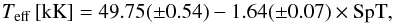 Mathematical equation: \begin{equation} T_{\rm{eff}}\,[{\rm kK}] = 49.75(\pm 0.54) - 1.64(\pm 0.07) \times {\rm SpT}, \end{equation}