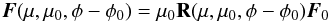 Mathematical equation: \begin{eqnarray} {\vec F}(\mu, \mu_{0}, \phi - \phi_{0}) = \mu_{0}\textbf{R}(\mu, \mu_{0}, \phi - \phi_{0}){\vec F}_{0} \label{eqn:ref_flux} \end{eqnarray}