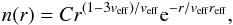 Mathematical equation: \begin{eqnarray} n(r) = C r^{(1-3v_{\textrm{eff}})/v_{\textrm{eff}}}\textrm{e}^{-r/v_{\textrm{eff}}r_{\textrm{eff}}} , \end{eqnarray}