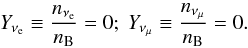 Mathematical equation: \begin{equation} Y_{\nu_{\rm e}} \equiv \frac{n_{\nu_{\rm e}}}{n_{\rm B}} = 0 ; \ Y_{\nu_\mu} \equiv \frac{n_{\nu_\mu}}{n_{\rm B}} = 0 . \end{equation}