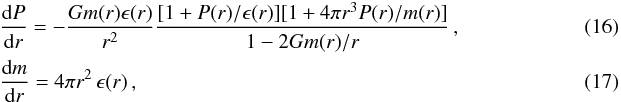 Mathematical equation: \begin{eqnarray} \label{tov1} &&\frac{{\rm d}P}{{\rm d}r} = -\frac{G m(r) \epsilon(r)}{r^2} \frac{ [1 + P(r)/\epsilon(r) ] [1 + 4 \pi r^3 P(r)/m(r)]}{1-2 G m(r)/r} \,, \\ \label{tov2} &&\frac{{\rm d}m}{ {\rm d}r} = 4 \pi r^{2} \, \epsilon(r) \,,~~~ \end{eqnarray}