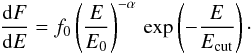 Mathematical equation: \begin{equation} \frac{\mathrm{d} F}{\mathrm{d} E} = f_0 \left(\frac{E}{E_0}\right)^{-\alpha}\, \exp\left({-\frac{E}{E_{\rm cut}}}\right)\cdot \end{equation}
