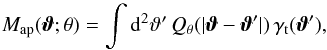 Mathematical equation: \begin{equation} \Map(\vvartheta;\theta) = \int \dd^{2}\vartheta' \, Q_\theta(\vert \vvartheta - \vvartheta' \vert)\, \gamma_{\rm t}(\vvartheta'), \label{eq:mapshear} \end{equation}