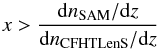 Mathematical equation: \begin{equation} x > \frac{\dd n_{\textrm{SAM}}/ \dd z}{\dd n_{\textrm{CFHTLenS}}/ \dd z} \end{equation}