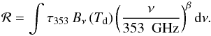 Mathematical equation: \begin{equation} \mathcal{R}=\int \tau_{353} \, B_{\nu}\left(T_{\rm d}\right)\left(\frac{\nu}{353~{\rm~GHz}} \right) ^{\beta} {\rm d}\nu. \end{equation}