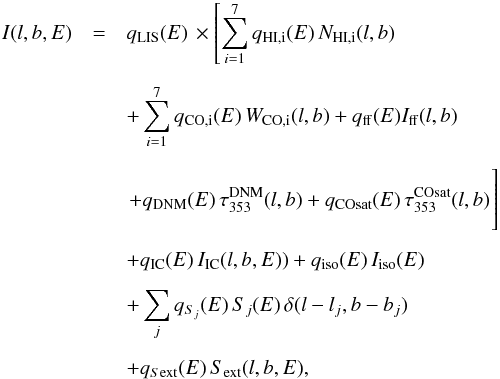 Mathematical equation: \begin{eqnarray} I(l,b,E) &=& q_{\rm LIS}(E) \,\times \left[\sum_{i=1}^7 q_{\rm{HI},i}(E) \, N_{\rm{HI},i}(l,b) \right. \nonumber\\[2mm] && + \sum_{i=1}^7 q_{\rm{CO},i}(E) \, W_{\rm{CO},i}(l,b) + q_{\rm{ff}}(E)I_{\rm{ff}}(l,b) \nonumber \\[2mm] && \left. + q_{\rm{DNM}}(E) \, \tau_{353}^{\rm{DNM}}(l,b) + q_{\rm{COsat}}(E) \, \tau_{353}^{\rm{COsat}}(l,b) \hspace*{-0.45cm}\phantom{\sum_{i=1}^7}\right] \nonumber \\[2mm] && + q_{\rm{IC}}(E) \, I_{\rm IC}(l,b,E)) + q_{\rm iso}(E) \, I_{\rm iso}(E) \nonumber\\[2mm] && + \sum_j q_{S_j}(E) \, S_j(E) \, \delta(l-l_j,b-b_j) \nonumber\\[2mm] && + q_{S{\rm ext}}(E) \, S_{\rm ext}(l,b,E), \label{eq:modGam} \end{eqnarray}
