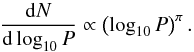 Mathematical equation: \begin{equation} \frac{\mathrm{d}N}{\mathrm{d}\log_{10}P} \propto \left( \log_{10} P \right)^{\pi}. \end{equation}
