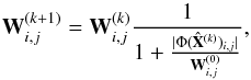 Mathematical equation: \begin{equation} \mathbf{W}_{i,j}^{(k+1)} = \mathbf{W}_{i,j}^{(k)} \frac{1}{1 + \frac{|\Phi(\hat{\mathbf{X}}^{(k)})_{i,j}|}{\mathbf{W}_{i,j}^{(0)}}}, \end{equation}
