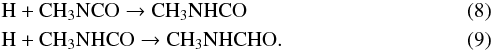 Mathematical equation: \begin{eqnarray} \label{RTG-rxn2} &&\mathrm{H} + \mathrm{CH_{3}NCO} \rightarrow \mathrm{CH}_{3}\mathrm{NHCO} \\ \label{RTG-rxn3} &&\mathrm{H} + \mathrm{CH}_{3}\mathrm{NHCO} \rightarrow \mathrm{CH}_{3}\mathrm{NHCHO} . \end{eqnarray}