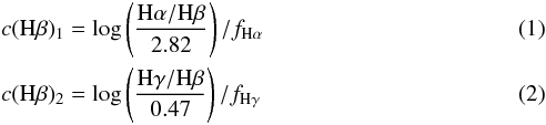Mathematical equation: \begin{eqnarray} && c(\hb)_1= \log\left(\frac{\ha/\hb}{2.82}\right)/f_{\rm H\alpha} \label{eq44} \\ && c(\hb)_2= \log\left(\frac{\hg/\hb}{0.47}\right)/f_{\rm H\gamma} \label{eq45} \end{eqnarray}