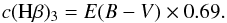 Mathematical equation: \begin{equation} c({\rm H}\beta)_3= E(B-V) \times 0.69. \label{eq46} \end{equation}