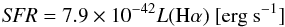 Mathematical equation: \begin{equation} \textit{SFR} = 7.9 \times 10^{-42} L(\ha)\ \mathrm{[erg\ s^{-1}]} \label{eqsfr5} \end{equation}