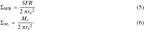 Mathematical equation: \begin{eqnarray} && \Sigma_{\rm SFR} = \frac{{\it SFR}}{2\ \pi {r_{\rm e}}^2} \label{sigma_SFR_eq} \\ && \Sigma_{M_*} = \frac{M_*}{2\ \pi {r_{\rm e}}^2}\cdot \end{eqnarray}