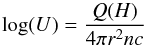 Mathematical equation: \begin{equation} \log(U)= \frac{Q(H)}{4\pi r^2 n c} \label{logU} \end{equation}