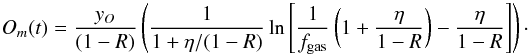Mathematical equation: \begin{equation} O_m(t)=\frac{y_O}{(1-R)} \left(\frac{1}{1+\eta/(1-R)} \ln\left[\frac{1}{f_{\rm gas}}\left(1+\frac{\eta}{1-R}\right)-\frac{\eta}{1-R}\right]\right)\cdot \end{equation}