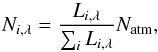 Mathematical equation: \begin{equation} N_{i, \lambda} = \frac{L_{i, \lambda}}{\sum_{i} L_{i, \lambda}} N_{\rm atm}, \label{eq:num_source} \end{equation}