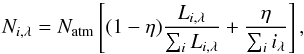 Mathematical equation: \begin{equation} N_{i, \lambda} = N_{\rm atm} \left[(1 - \eta)\frac{L_{i, \lambda}}{\sum_{i} L_{i, \lambda}} + \frac{\eta}{\sum_{i} i_{\lambda}}\right], \label{eq:num_bias} \end{equation}
