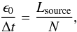 Mathematical equation: \begin{equation} \frac{\epsilon_{0}}{\Delta t} = \frac{L_{\rm source}}{N}, \label{eq:photon_energy} \end{equation}