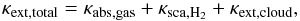 Mathematical equation: \begin{equation} \kappa_{\rm ext, total} = \kappa_{\rm abs, gas} + \kappa_{\rm sca, H_{2}} + \kappa_{\rm ext, cloud}, \label{eq:ktot} \end{equation}