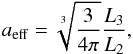 Mathematical equation: \begin{equation} a_{\rm eff} = \sqrt[3]{\frac{3}{4\pi}} \frac{L_{3}}{L_{2}}, \label{eq:aeff} \end{equation}
