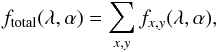 Mathematical equation: \begin{equation} f_{\rm total}(\lambda, \alpha) = \sum_{x,y} f_{x,y}(\lambda, \alpha), \end{equation}