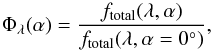 Mathematical equation: \begin{equation} \Phi_{\lambda}(\alpha) = \frac{f_{\rm total}(\lambda, \alpha)}{f_{\rm total}(\lambda, \alpha = 0\degr)}, \label{eq:phasefunction} \end{equation}