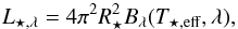 Mathematical equation: \begin{equation} L_{\star, \lambda} = 4 \pi^{2}R_{\star}^{2}B_{\lambda} (T_{\rm \star, eff}, \lambda), \label{eq:star_lum} \end{equation}