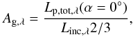 Mathematical equation: \begin{equation} A_{\rm g, \lambda} = \frac{L_{\rm p, tot, \lambda}(\alpha = 0\degr)}{L_{\rm inc, \lambda} 2/3}, \label{eq:comb_ag} \end{equation}