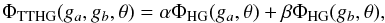 Mathematical equation: \begin{equation} \Phi_{\rm TTHG}(g_{a}, g_{b}, \theta) = \alpha \Phi_{\rm HG}(g_{a}, \theta) + \beta \Phi_{\rm HG}(g_{b}, \theta), \end{equation}