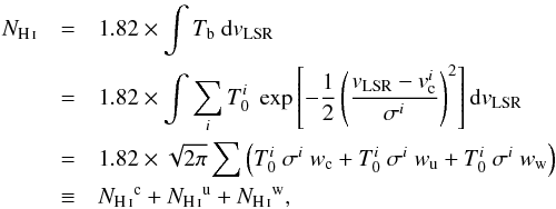 Mathematical equation: \begin{eqnarray} \NHI & = & 1.82\times \int T_{\rm b} ~ {\rm d}v_{\rm LSR} \nonumber \\ &=& 1.82 \times \int \sum_i T_0^i ~ \exp\left[-\frac{1}{2} \left(\frac{v_{\rm LSR}-v_{\rm c}^i}{\sigma^i} \right)^2 \right] {\rm d}v_{\rm LSR} \nonumber \\ & =& 1.82 \times \sqrt{2\pi} \sum \left ( T_0^i ~ \sigma^i ~ w_{\rm c} + T_0^i ~ \sigma^i ~ w_{\rm u} + T_0^i ~ \sigma^i ~ w_{\rm w} \right) \nonumber \\ & \equiv& \NHI^{\rm c} + \NHI^{\rm u} + \NHI^{\rm w}, \label{eq:3.1.1} \end{eqnarray}