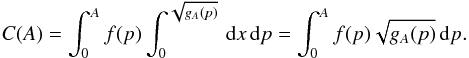 Mathematical equation: \appendix \setcounter{section}{1} \begin{equation} C(A)=\int_0^A f(p)\int_0^{\sqrt{g_A(p)}} \,{\rm d}x \,{\rm d}p =\int_0^A f(p) \sqrt{g_A(p)} \,{\rm d}p. \label{CAp} \end{equation}