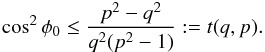 Mathematical equation: \appendix \setcounter{section}{2} \begin{eqnarray*} \cos^2\phi_0\le \frac{p^2-q^2}{q^2(p^2-1)}:=t(q,p). \end{eqnarray*}