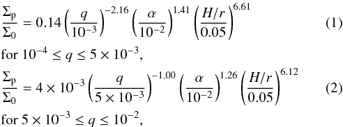 Mathematical equation: \begin{eqnarray} &&\frac{\Sigma_{\rm p}}{\Sigma_0} = 0.14\left( \frac{q}{10^{-3}} \right)^{-2.16} \left(\frac{\alpha}{10^{-2}} \right)^{1.41} \left( \frac{H/r}{0.05} \right)^{6.61} \label{eq:fung1}\\ & & \mathrm{for}~10^{-4} \leq q \leq 5\times10^{-3}, \nonumber \\ &&\frac{\Sigma_{\rm p}}{\Sigma_0} = 4\times10^{-3}\left( \frac{q}{5\times10^{-3}} \right)^{-1.00} \left(\frac{\alpha}{10^{-2}} \right)^{1.26} \left( \frac{H/r}{0.05} \right)^{6.12} \label{eq:fung2} \\ && \mathrm{for}~5\times10^{-3} \leq q \leq 10^{-2} \nonumber, \end{eqnarray}