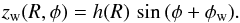 Mathematical equation: \begin{equation} z_{\rm w}(R,\phi) = h(R) \, \sin{(\phi + \phi_{\rm w})}. \label{zwarp} \end{equation}
