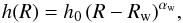 Mathematical equation: \begin{equation} h(R)=h_0 \, (R-R_{\rm w})^{\alpha_{\rm w}}, \label{hzwarp} \end{equation}