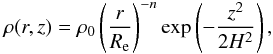 Mathematical equation: \begin{equation} \rho(r,z) = \rho_0 \left(\frac{r}{R_\text{e}}\right)^{-n} \text{exp}\left(-\frac{z^2}{2H^2}\right), \end{equation}