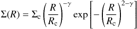 Mathematical equation: \begin{equation} \Sigma(R) = \Sigma_{\rm c} \left(\frac{R}{R_{\rm c}}\right)^{-\gamma} \exp\left[-\left(\frac{R}{R_{\rm c}}\right)^{2-\gamma}\right] \end{equation}