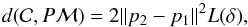 Mathematical equation: \begin{equation} d(\mathcal{C},P\mathcal{M})=2\|p_2-p_1\|^2L(\delta), \end{equation}