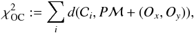 Mathematical equation: \begin{equation} \chi^2_{\rm OC}:=\sum_i d(\mathcal{C}_i,P\mathcal{M}+(O_x,O_y)), \end{equation}