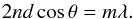 Mathematical equation: \begin{equation} 2 nd \cos \theta = m \lambda. \label{equa:FP} \end{equation}