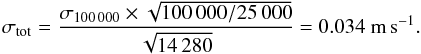 Mathematical equation: \begin{equation} \sigma_{\rm tot}=\frac{\sigma_{100\,000}\times \sqrt{100\,000/25\,000}}{\sqrt{14\,280}}=0.034~\textrm{m\,s}^{-1}. \end{equation}