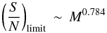 Mathematical equation: \begin{equation} \left(\frac{S}{N}\right)_{\rm limit}\,\sim \, M^{0.784} \end{equation}