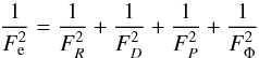 Mathematical equation: \begin{equation} \frac{1}{F^{2}_{\rm e}}=\frac{1}{F^{2}_{R}}+\frac{1}{F^{2}_{D}}+\frac{1}{F^{2}_{P}}+\frac{1}{F^{2}_{\Phi}} \label{equa:eff} \end{equation}