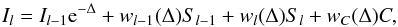 Mathematical equation: \appendix \setcounter{section}{1} \begin{equation} I_l = I_{l-1} {\rm e}^{-\Delta} + w_{l-1}(\Delta)S_{l-1} + w_{l}(\Delta) S_l + w_C(\Delta) C, \label{bezier} \end{equation}