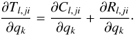 Mathematical equation: \begin{equation} \frac{\partial T_{l,ji}}{\partial q_k} = \frac{\partial C_{l,ji}}{\partial q_k} + \frac{\partial R_{l,ji}}{\partial q_k}\cdot \label{rateder2} \end{equation}