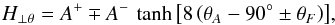 Mathematical equation: \begin{equation} H_{\perp \theta} = A^+ \mp A^-\,\tanh{\left[8\left(\theta_A-90^\circ\pm\theta_F\right)\right]}, \label{eq:h_perp_theta} \end{equation}